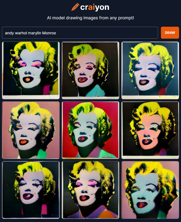 Ein Bild, das verschiedene Variationen von Andy Warhols Pop art zeigt, erzeugt von einer KI.