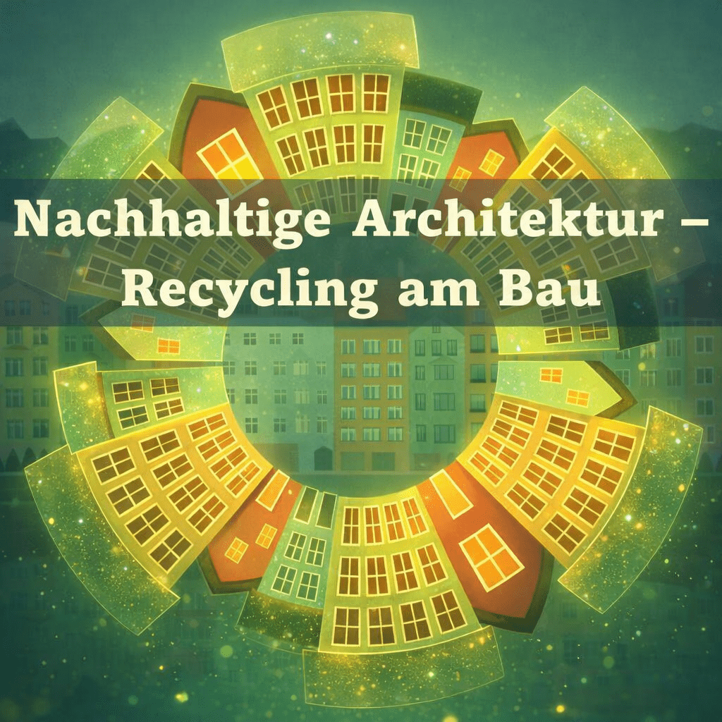 Illustration eines kreisförmig angeordneten Ensembles farbiger Gebäude, das wie ein Mandala wirkt. Im Zentrum steht der Schriftzug ‚Nachhaltige Architektur – Recycling am Bau‘, umgeben von einer stilisierten Stadtlandschaft.