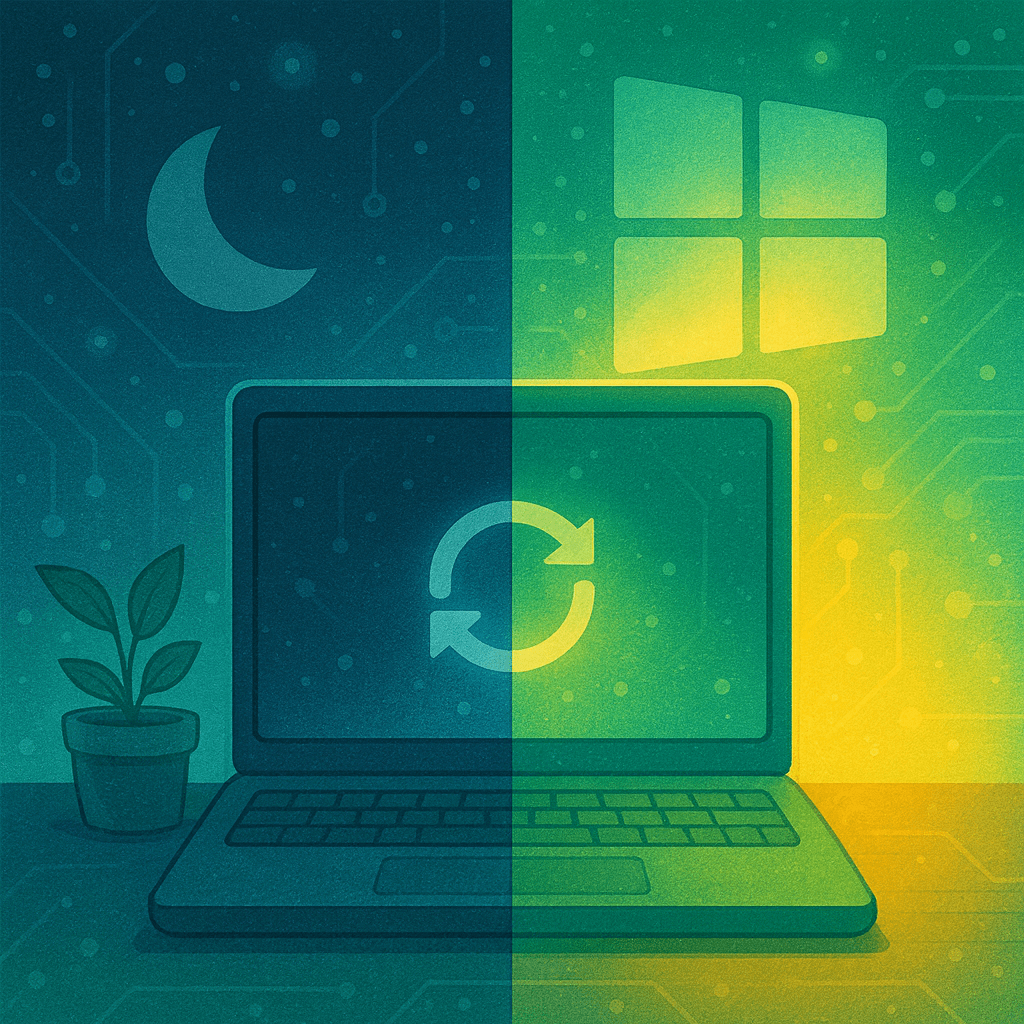 llustration eines Windows‑Laptops, dessen linke Seite im Schlafmodus mit Halbmond‑Symbol und gedimmtem Licht dargestellt ist, während die rechte Seite einen Neustart mit hellen Refresh‑Pfeilen zeigt – visuelle Darstellung des Unterschieds zwischen Windows herunterfahren und neu starten.