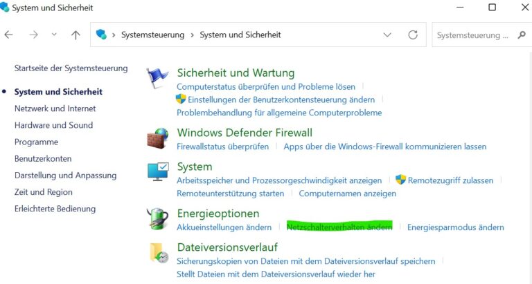 Screenshot der Windows-Systemsteuerung unter 'System und Sicherheit'. Der Menüpunkt 'Netzschalterverhalten ändern' ist hervorgehoben.