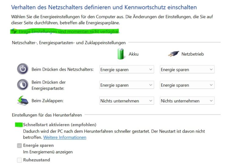 Screenshot der Windows-Energieeinstellungen unter 'Verhalten des Netzschalters definieren und Kennwortschutz einschalten'. Der Link 'Einige Einstellungen sind momentan nicht verfügbar' und die Option 'Schnellstart aktivieren (empfohlen)' sind hervorgehoben.