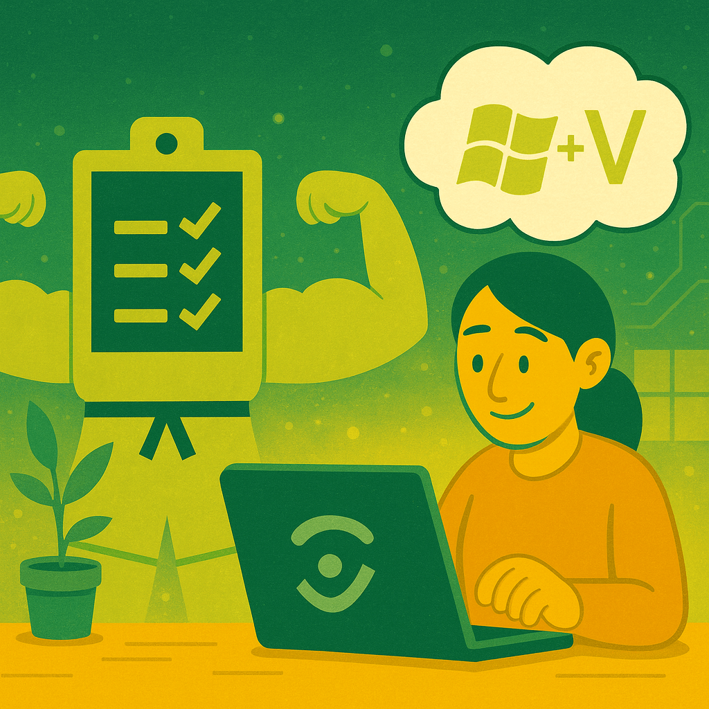 Illustration einer Person am Laptop, die konzentriert arbeitet und in einer Gedankenblase das Tastenkürzel Windows + V sieht. Hinter ihr steht ein Clipboard mit Häkchen und kräftigen Armen als Symbol für eine leistungsstarke Zwischenablage. Das Bild visualisiert die Vorteile des Windows–Zwischenablage–Verlaufs.