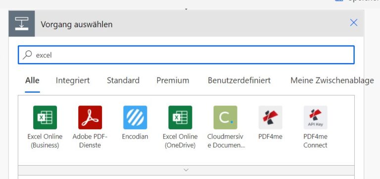 Ein Screenshot, der zeigt, wie in Power Automate die Verbindung zu Excel hergestellt wird.