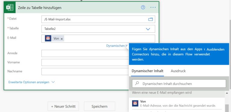 Ein Screenshot der den Dialog zum Auswählen von dynamischem Inhalt in Power Automate anzeigt.