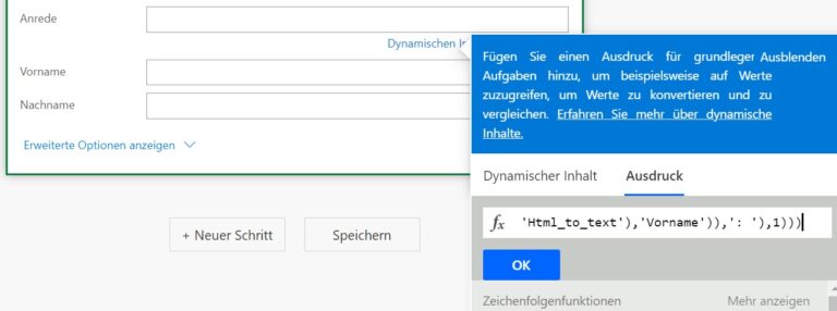 Ein Screenshot, der anzeigt, wie in Power Automate ein Ausdruck für dynamischen Inhalt hinzugefügt wird.