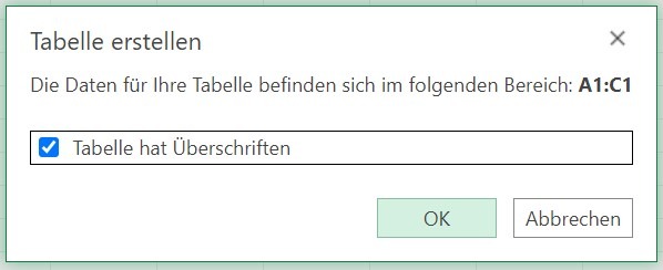 Ein Screenshot, der den Dialog anzeigt, wenn in Excel eine Tabelle mit Überschriften angelegt wird.