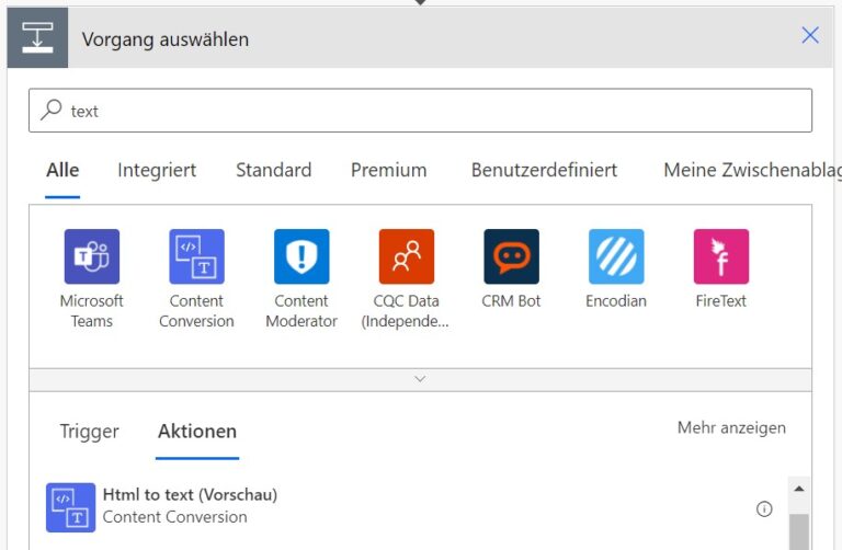 Ein Screenshot, der zeigt, wie eine Aktion in Power Automate ausgewählt wird.