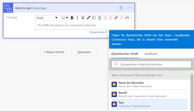 Ein Screenshot, der den Zwischenschritt "HTML in Text konvertieren" in Power Automate anzeigt.