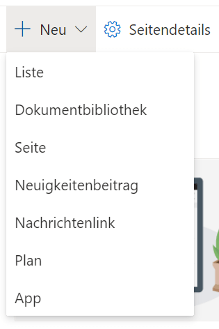 Screenshot des Menüs, dass bei Microsoft SharePoint aufgerufen wird, um neue Inhalte einer Webseite hinzuzufügen.