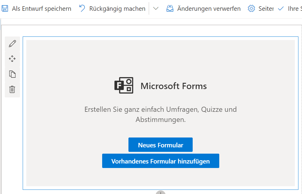 Screenshot, der das Erstellen eines Formulars in Microsoft Forms unter SharePoint anzeigt.