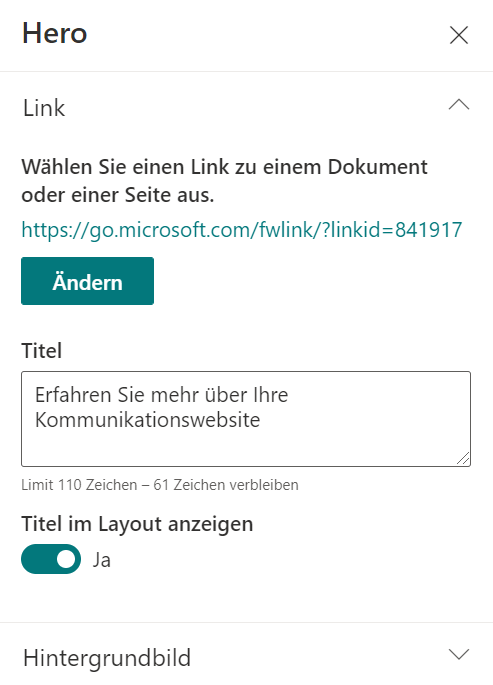 Screenshot, der die Einstellungen für ein Hero-Element (Kachel) zeigt.