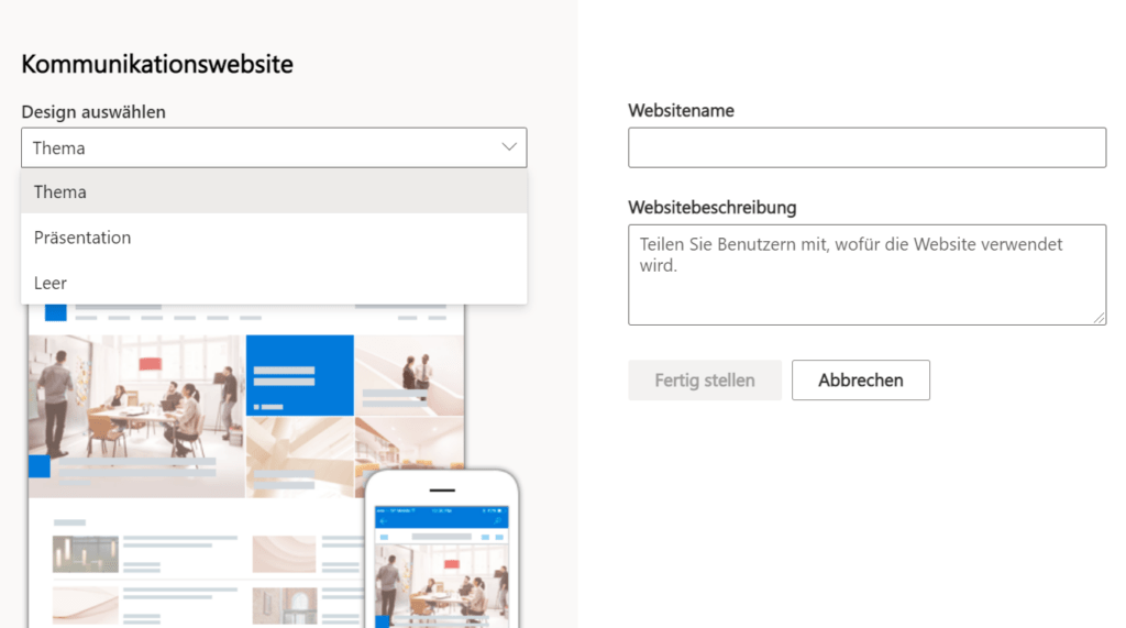 Screenshot eines Dialogs, der zum Einrichten einer Kommunikationswebsite in SharePoint angezeigt wird.