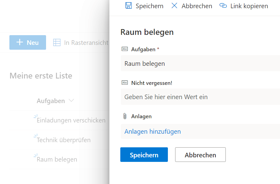 Screenshot, der das Bearbeiten einer Liste in Microsoft SharePoint anzeigt.