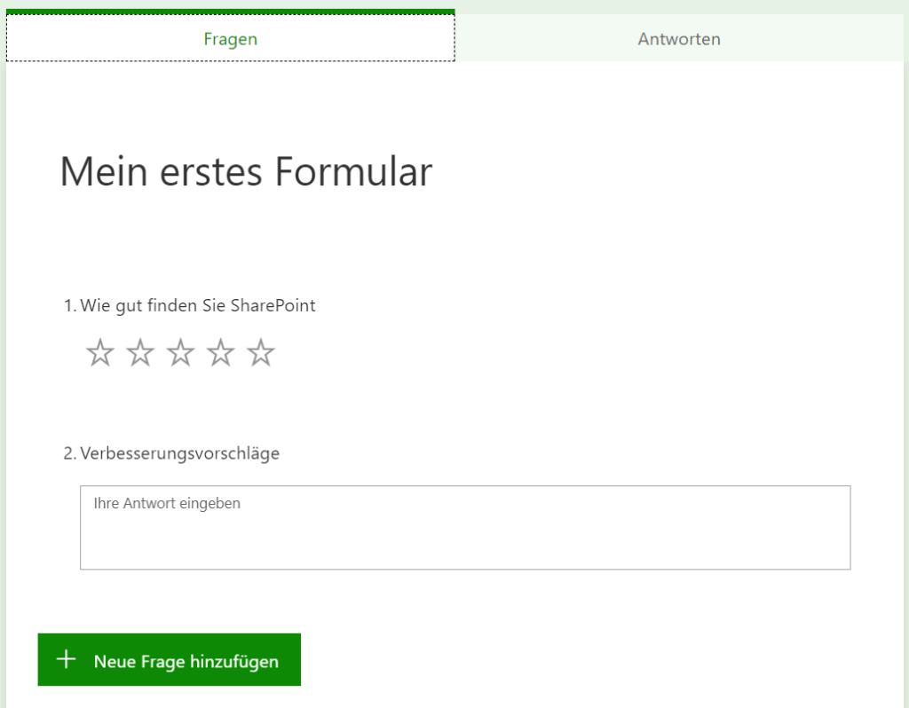 Screenshot, der ein simples Formular mit dem Titel 'Mein erstes Formular' anzeigt.