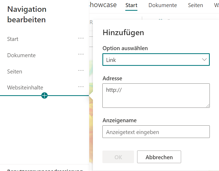 Screenshot, der zeigt, wie ein zusätzlicher Menüpunkt in die Navigation eingefügt wird.