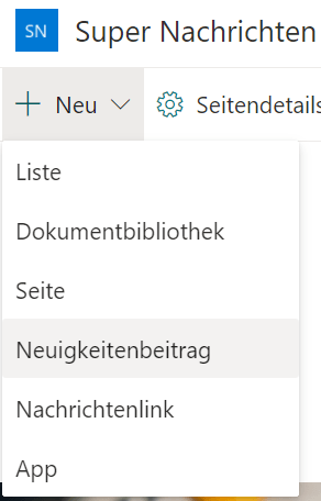 Screenshot, der das Menü zum Erstellen eines neuen Neuigkeitenbeitrags anzeigt.