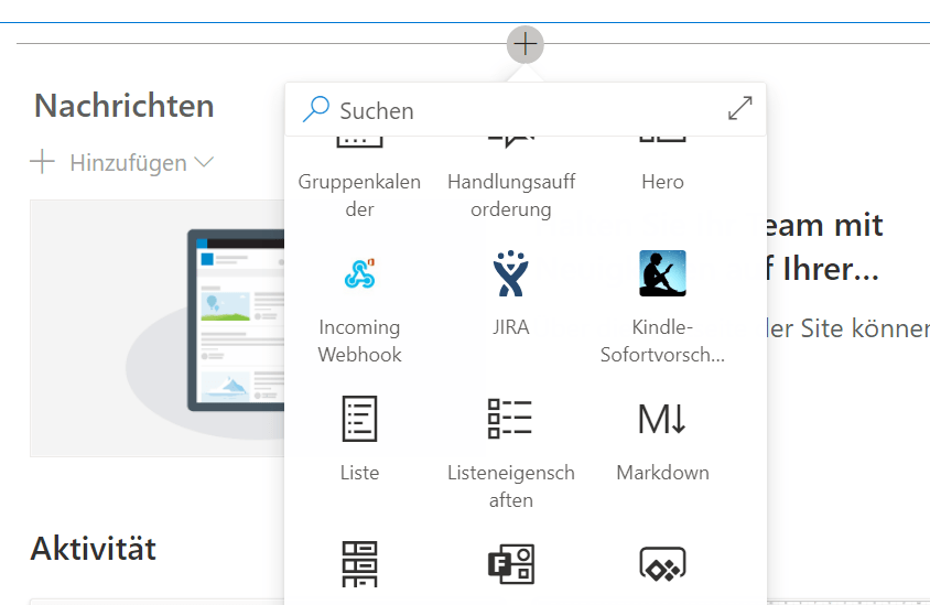 Screenshot, der den Dialog zum Hinzufügen eines neuen Webparts in Microsoft SharePoint anzeigt.