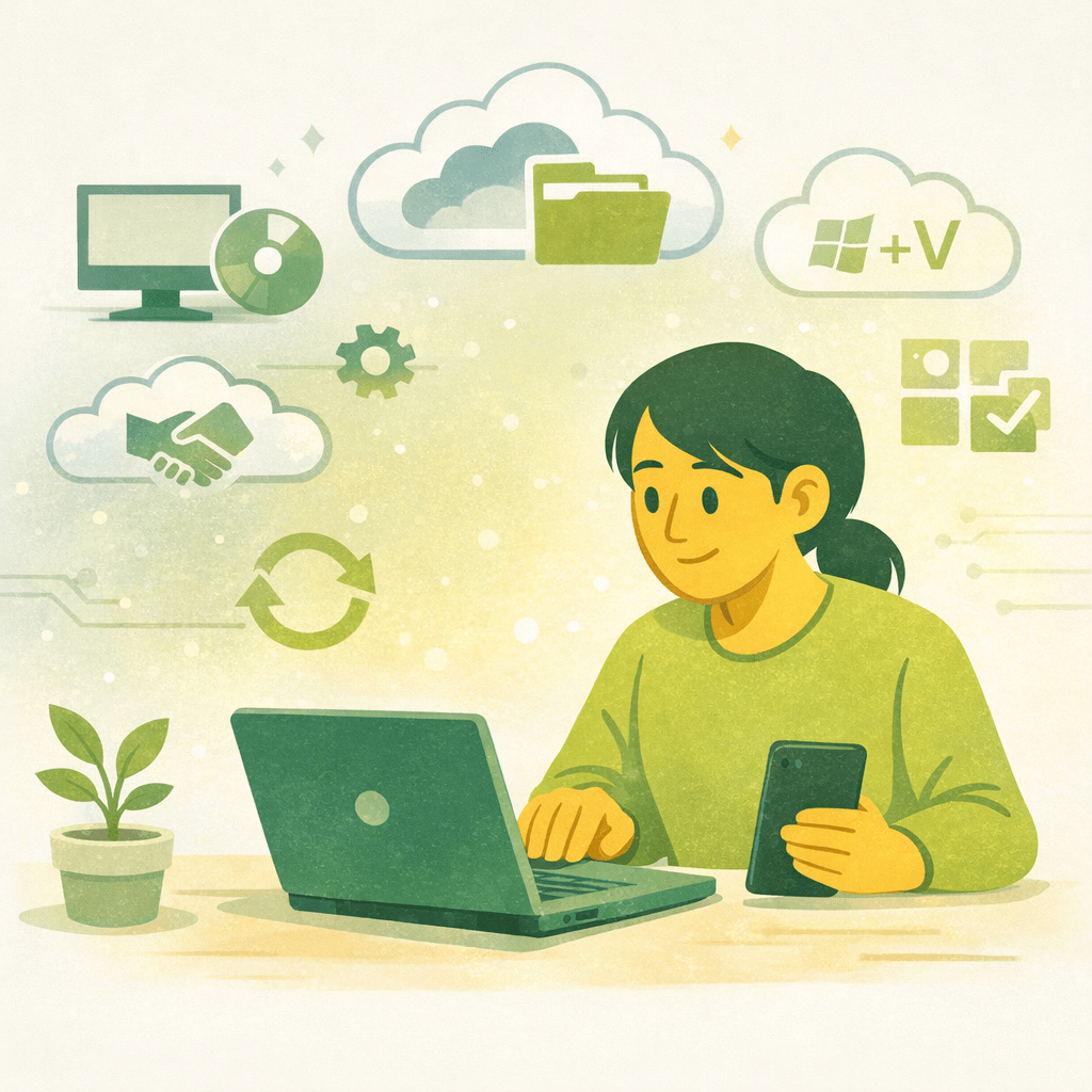 llustration einer Person, die an Laptop und Tablet arbeitet, umgeben von Symbolen für Cloud‑Dienste, Updates und moderne Office‑Workflows. Das Bild visualisiert den Unterschied zwischen klassischer Office‑Software und der cloudbasierten Microsoft‑365‑Arbeitsweise.