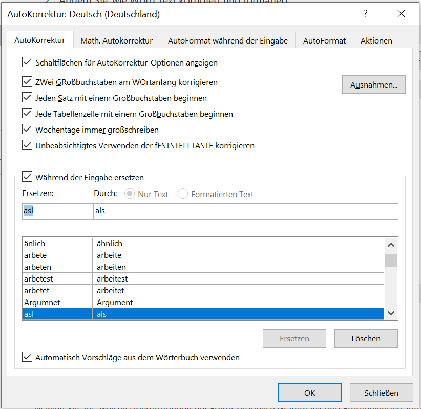 Screenshot der Einstellungen der AutoKorrektur in Microsoft Word. Ein Dialogfeld zeigt Optionen zum Hinzufügen neuer AutoKorrektur-Einträge. Der Benutzer kann manuell ein falsches Wort eingeben und die gewünschte Korrektur dafür festlegen.