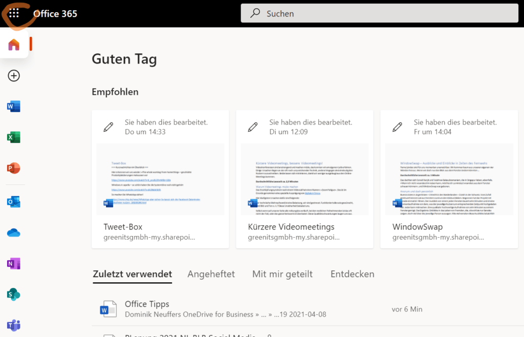 Screenshot, der die Home-Ansicht von Microsoft Edge zeigt. In der Ansicht ist die Option sichtbar, um auf Microsoft 365-Dokumente zuzugreifen.