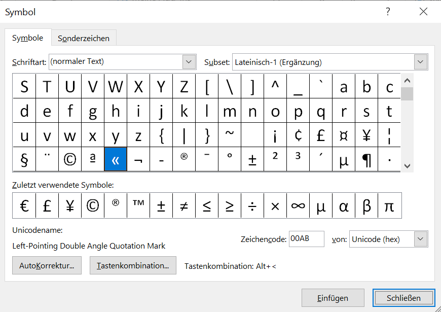 Screenshot, der zeigt, wie in Microsoft Word eine Tastenkombination für Sonderzeichen erstellt werden kann. Das Dialogfeld 'Tastenkombinationen' zeigt die Auswahl von Sonderzeichen und die Möglichkeit, eine benutzerdefinierte Tastenkombination zuzuweisen. Der Benutzer kann eine Kombination aus Tasten eingeben, um schnell auf das gewünschte Sonderzeichen zuzugreifen.