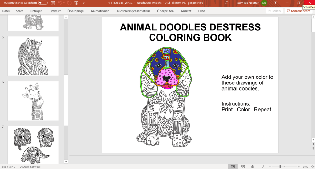 Screenshot, der eine Folie einer kostenlosen Malvorlage von Microsoft in PowerPoint zeigt. Die Folie enthält ein farbenfrohes Bild eines Hundes zum Ausmalen sowie weitere Folien mit verschiedenen Tierbildern, die ebenfalls zum Ausmalen einladen.