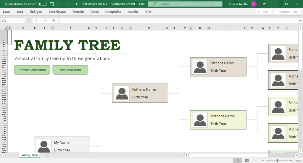 Screenshot, der eine kostenlose Vorlage von Microsoft zur Ahnenforschung in Excel zeigt. Die Vorlage enthält strukturierte Tabellen zur Erfassung von Ahneninformationen, Familienstammbäumen und weiteren relevanten Daten zur Genealogie.