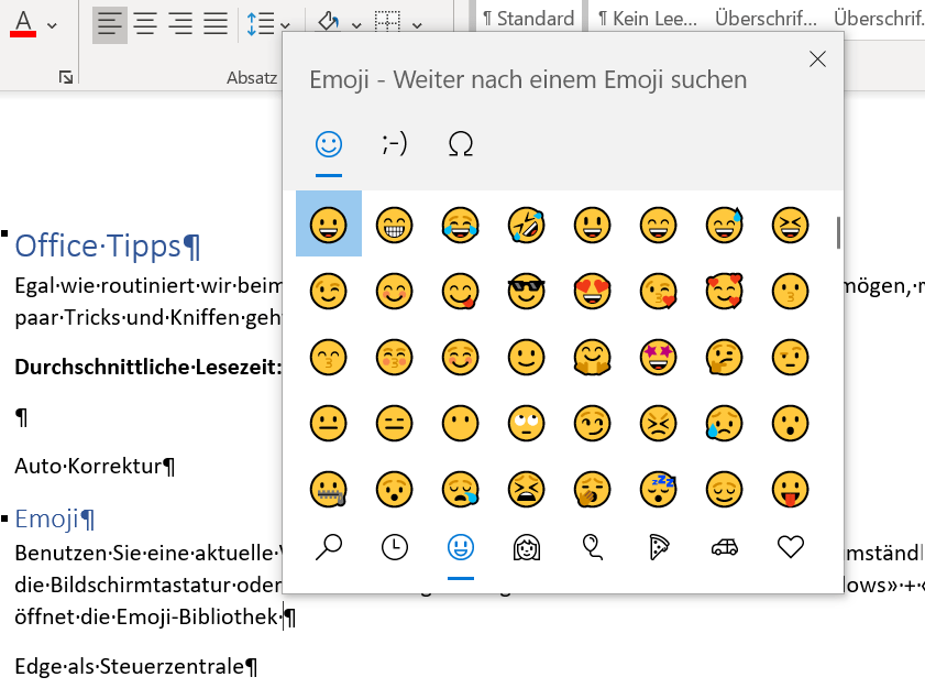 Screenshot, der zeigt, wie nach dem Aufruf einer Tastenkombination die Emoji-Bibliothek unter Windows geöffnet wird. Das Fenster zeigt eine Übersicht von verfügbaren Emojis, kategorisiert nach Themen wie Gesichter, Lebensmittel und mehr, mit der Möglichkeit, Emojis auszuwählen und in Dokumente einzufügen.