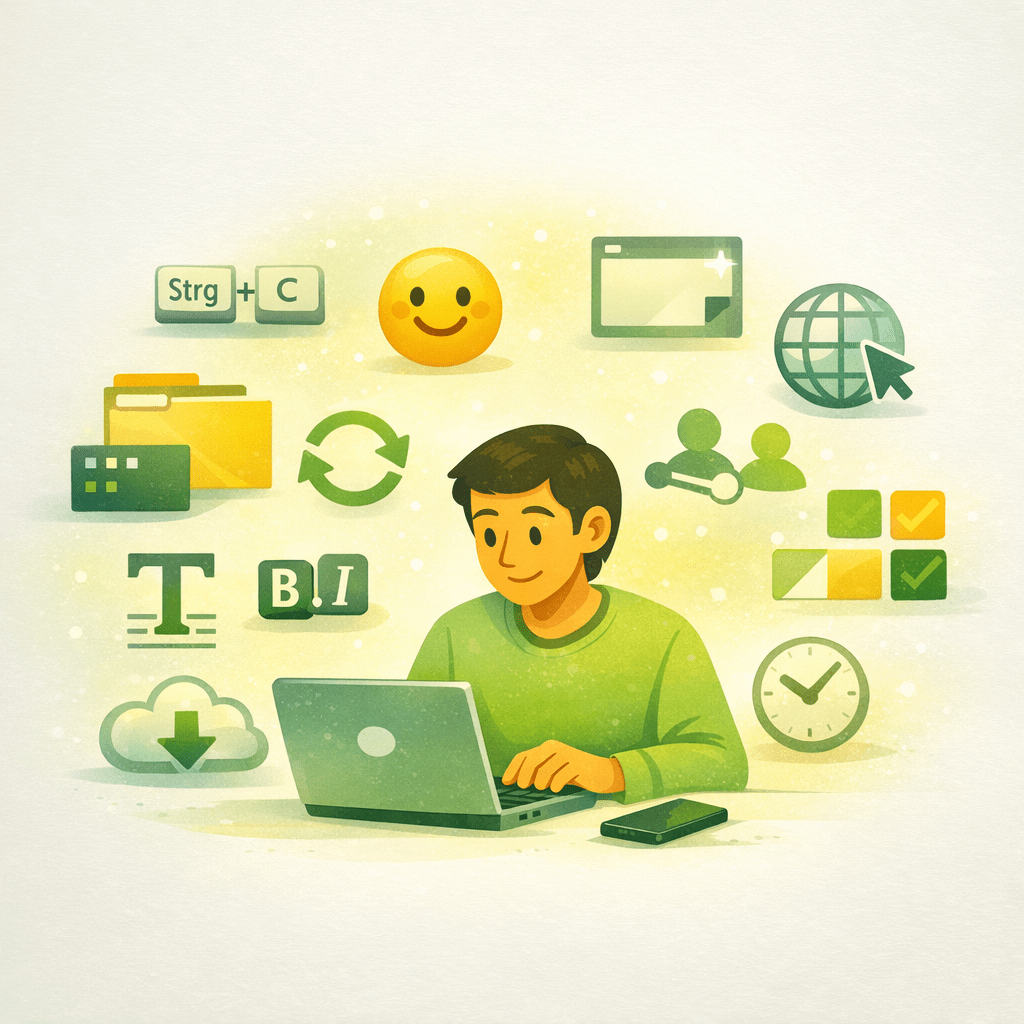 Illustration einer Person am Laptop, umgeben von Symbolen für digitale Werkzeuge wie Emojis, Browserfenster, Cloud‑Synchronisation, Formatierungsicons und Tastenkombinationen. Das Bild visualisiert praktische Microsoft‑365‑Tipps für den Arbeitsalltag.