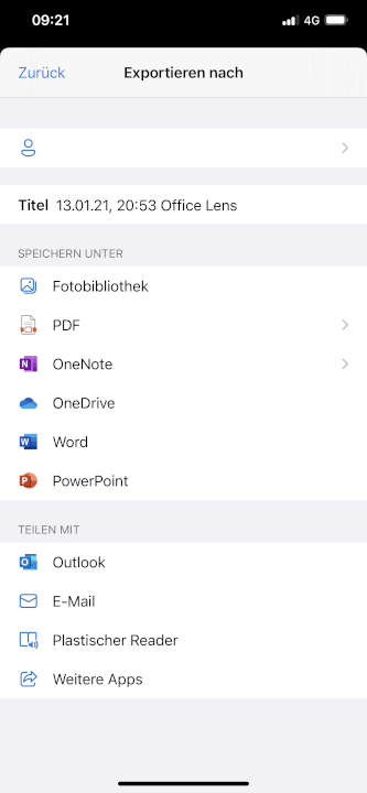 Screenshot der iOS-App, der die verschiedenen Möglichkeiten des Dokumentenexports zeigt.