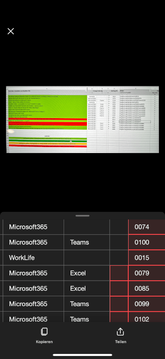 Screenshot der Scanner-App, die den Scan-Vorgang einer Tabelle mit der Smartphone-Kamera zeigt.