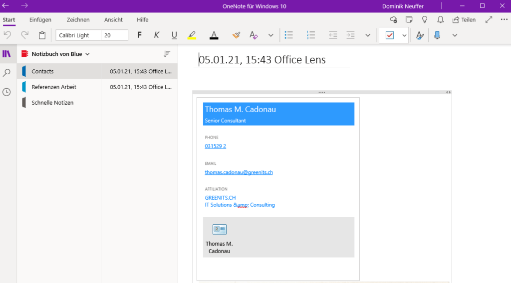 Screenshot, der zeigt, wie eine Visitenkarte in der OneNote-App abgespeichert wird.