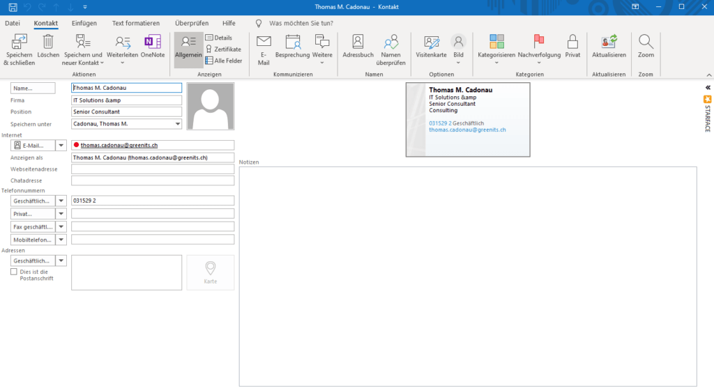 Screenshot, der zeigt, wie das Ergebnis des Speicherns einer Visitenkarte in Outlook bearbeitet werden kann.