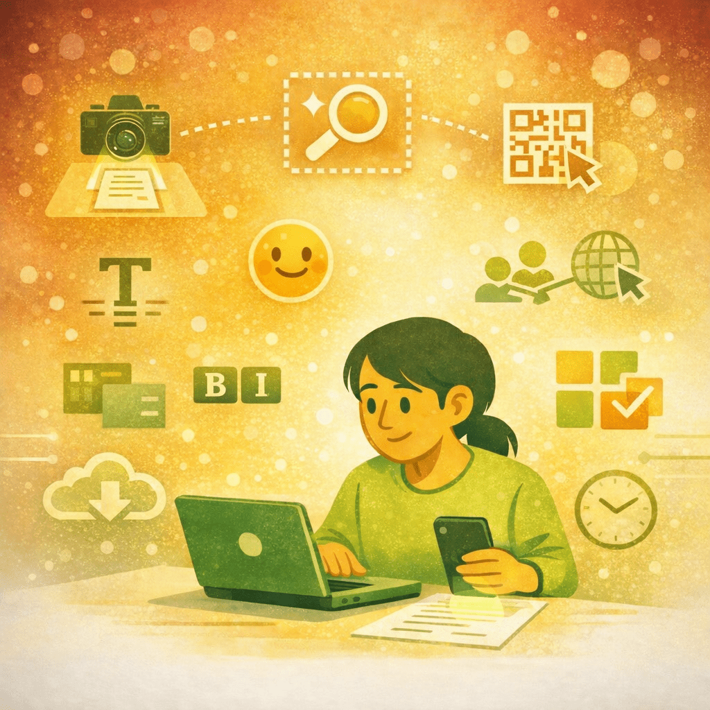 Illustration einer Person am Laptop und Smartphone, umgeben von Symbolen für digitale Werkzeuge wie Dokumentenscan, QR‑Codes, Suche, Textbearbeitung und Cloud‑Funktionen. Die Bildsprache verweist auf Microsoft Lens und zeigt, wie sich Lern‑ und Arbeitsprozesse mit modernen Microsoft‑365‑Tools unterstützen lassen.