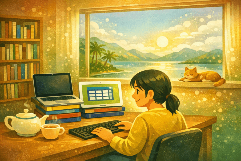 Illustration eines Arbeitsplatzes, an dem ein Tablet als Zweitbildschirm genutzt wird. Eine Person arbeitet am Schreibtisch, während das Tablet neben dem Notebook als erweitertes Display dient. Die Szene zeigt eine ruhige, produktive Umgebung mit Blick auf Landschaft und Katze am Fenster.