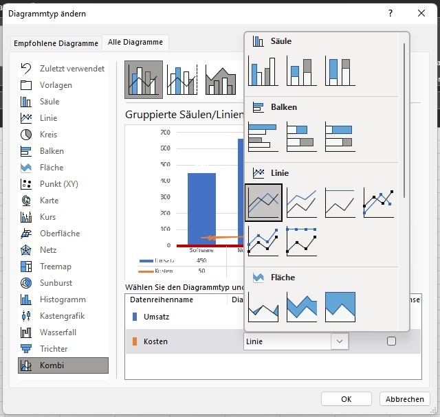 Ein Screenshot, der die erweiterten Einstellungsmöglichkeiten für Excel-Diagramme anzeigt.