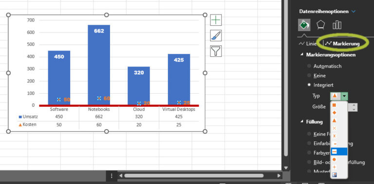 Ein Screenshot, der fortgeschrittene Einstellungsmöglichkeiten für die Markierungen einer Linie eines Excel-Diagramms erläutert.