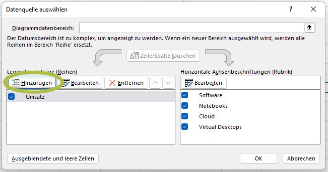 Ein Screenshot, der zeigt, wie in Excel zusätzliche Werte einem Diagramm hinzugefügt werden können.