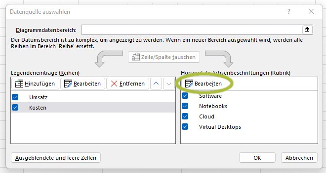 Ein Screenshot, der zeigt, wie in Excel die Beschriftung der Achsen angepasst oder geändert werden kann.