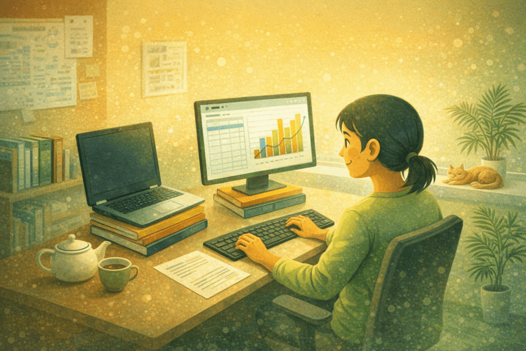 Person arbeitet im Homeoffice an einem Monitor mit farbigen Excel‑Diagrammen; auf dem Schreibtisch liegen Laptop, Unterlagen und eine Teekanne. Die Szene zeigt eine typische Arbeitssituation beim Diagramme in Excel erstellen.