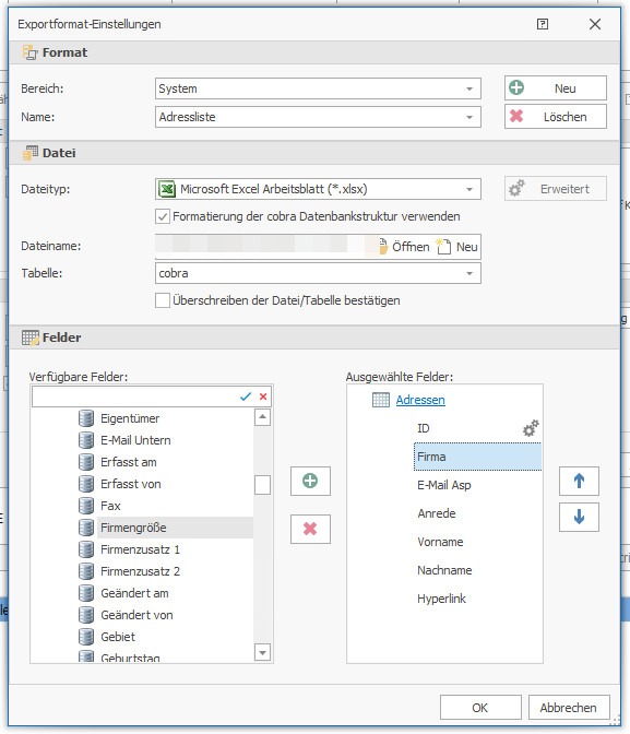 Screenshot des Dialogs zum Adressexport in cobra, der die Auswahl der Felder und Exportformate zeigt.