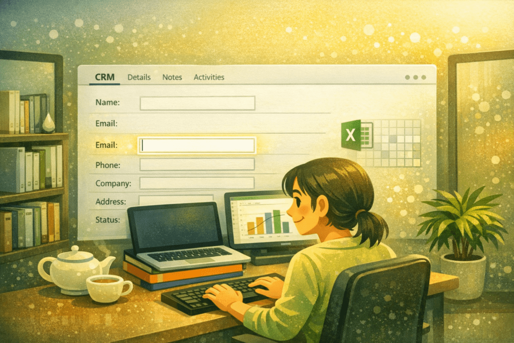 Eine Illustration zeigt ein generisches CRM‑Fenster mit mehreren Eingabefeldern und einem dezenten Excel‑Bezug – eine visuelle Metapher für virtuelle Felder in cobra und die automatische Erzeugung von Excel‑Formeln.