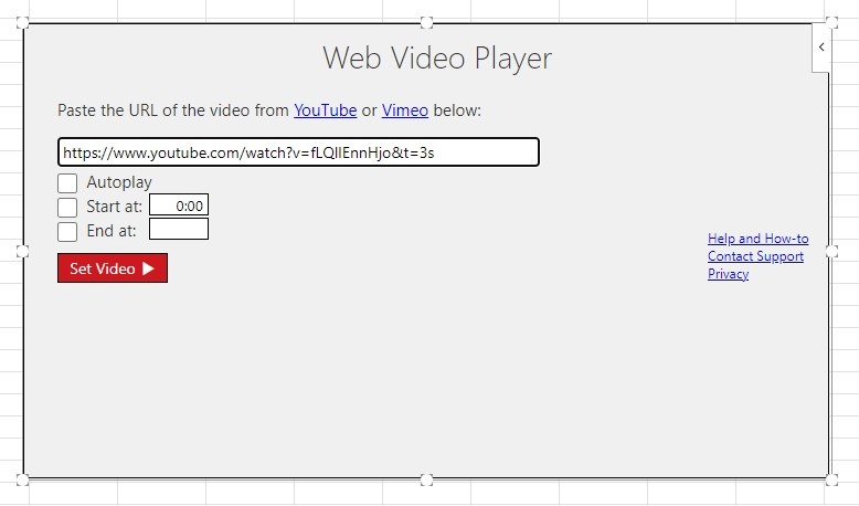 Screenshot des 'Web Video Player'-Add-ins in Excel mit Feldern zur Eingabe einer YouTube- oder Vimeo-URL und Einstellungen für Autoplay sowie Start- und Endzeit.