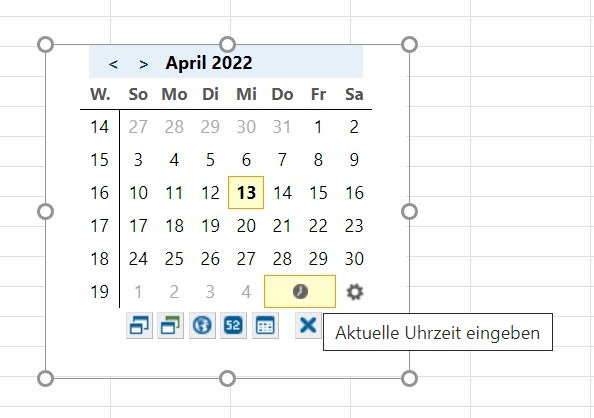 Screenshot, der die Bedienung von Mini Calendar direkt in einem Excel-Spreadsheet zeigt, mit der Möglichkeit, Datumseinträge schnell auszuwählen.