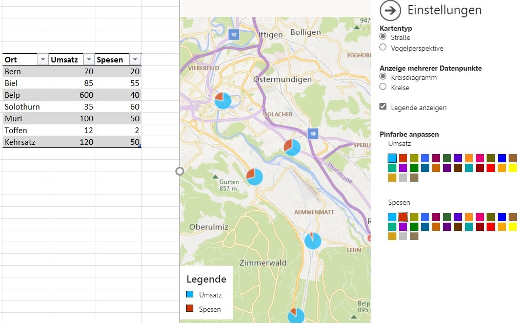 Screenshot, der Kuchendiagramme auf einer Landkarte zeigt, die direkt mit dem Bing-Maps-Add-in aus einer Excel-Tabelle direkt in Excel erstellt wurden.