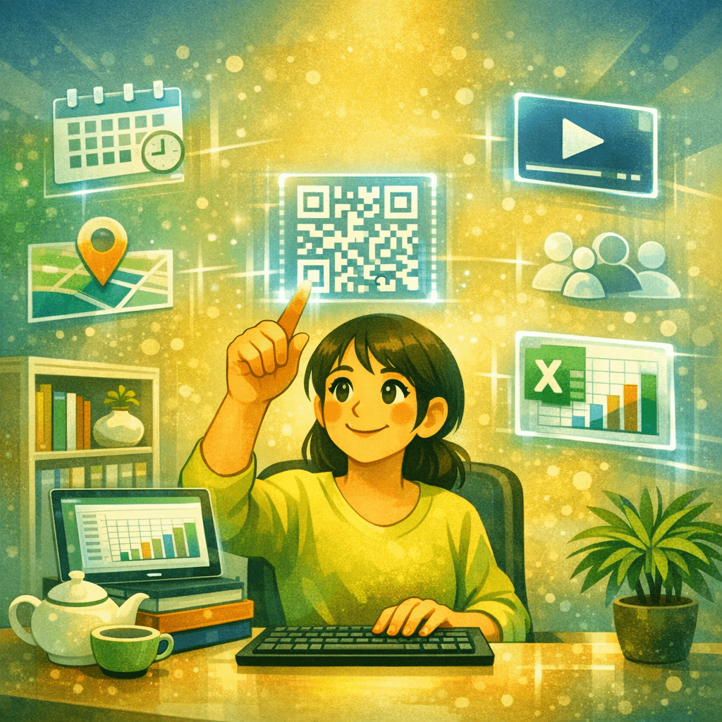 Die Illustration zeigt eine Person am Schreibtisch, umgeben von schwebenden Symbolen verschiedener Excel‑Add‑ins wie QR‑Code, Kalender, Video, Diagramm und Karten. Die Szene vermittelt, wie solche kostenlosen Add‑ins die Arbeit in Excel erleichtern und Aufgaben schneller und intuitiver machen.