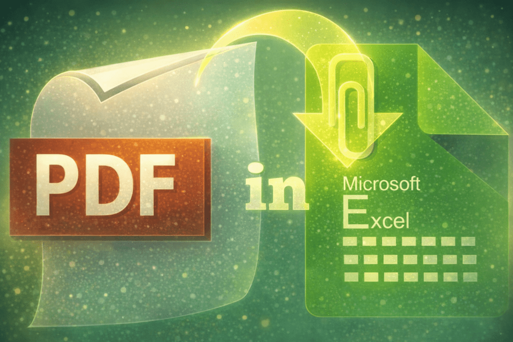 Eine warme, grün‑gelbe Illustration zeigt den Übergang eines PDF‑Dokuments in eine Excel‑Datei. Zwischen beiden schwebt ein transluzenter Pfeil aus Lichtpartikeln, der Bewegung und Selbstwirksamkeit andeutet. Die Formen sind klar und organisch, die Texturen erinnern an feines Mikroplastik im sanften Glow. Die Szene wirkt technisch und zugleich wohnlich – eine stille Metapher für Präzision mit Gefühl und den Prozess, wie man ein PDF in Excel importieren kann.