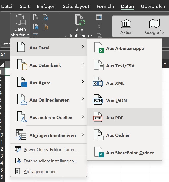 Screenshot des Excel-Datenregisters mit Auswahloptionen für den Datenimport, darunter die Option 'Aus PDF' zum Importieren von Daten aus einer PDF-Datei.