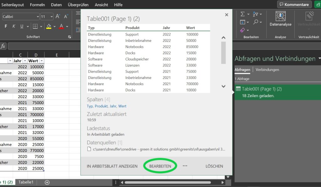 Ein Screenshot, der zeigt, wie unter Excel der Power Query-Editor über 'Abfragen und Verbindungen' und anschliessend die Schaltfläche 'Bearbeiten^ aufgerufen werden kann.