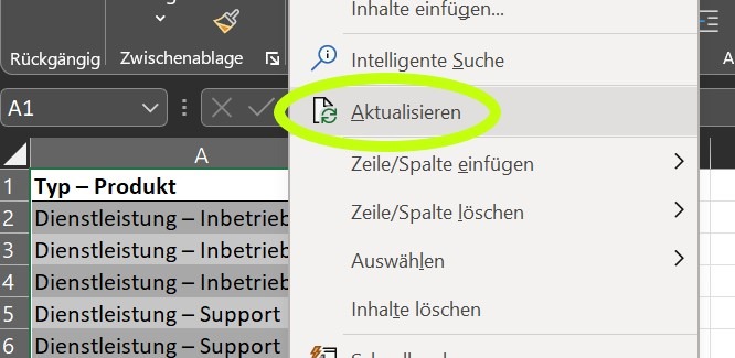 Screenshot, der den Dialog zum Aktualisieren nach einem Rechtsklick auf die Tabelle anzeigt.